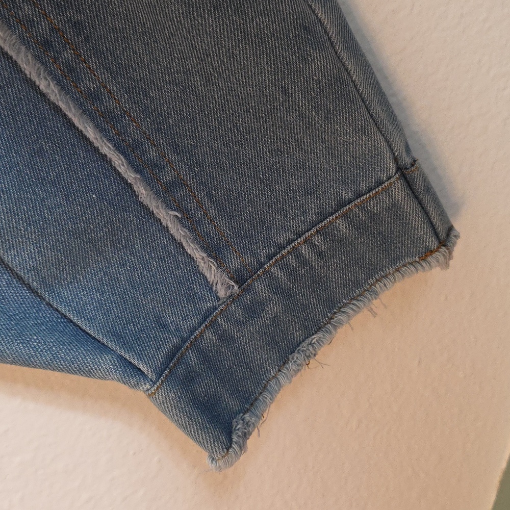 Ces Femme Oversized Cropped Sweatshirt Tan Blue Denim Block Sleeves Small - Picture 8 of 15